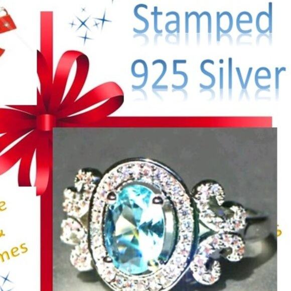 Cocktail Ring Sterling Silver 925 Sz 8 Simulated Topaz Diamonds Light Blue Luxe - Picture 9 of 10